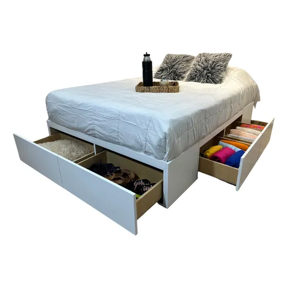 Cama Funcional, Box Sommier Con Cajones Y Baulera Color Blanco
