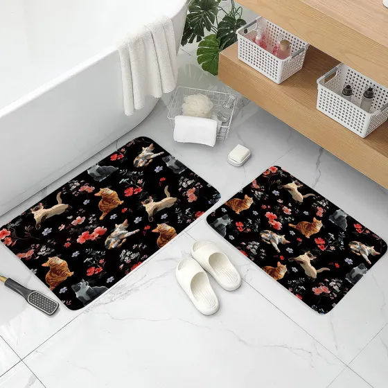 2 Tapete Baño Negro Diseño Gato Gatito Rojo Floral Azul 16 X