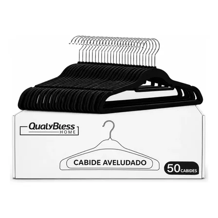 Kit 50 Cabides De Veludo Antideslizante Slim Preto Preto