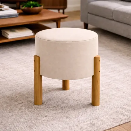 Puff Banqueta Decorativa Linho Pés Madeira Envio Imediato