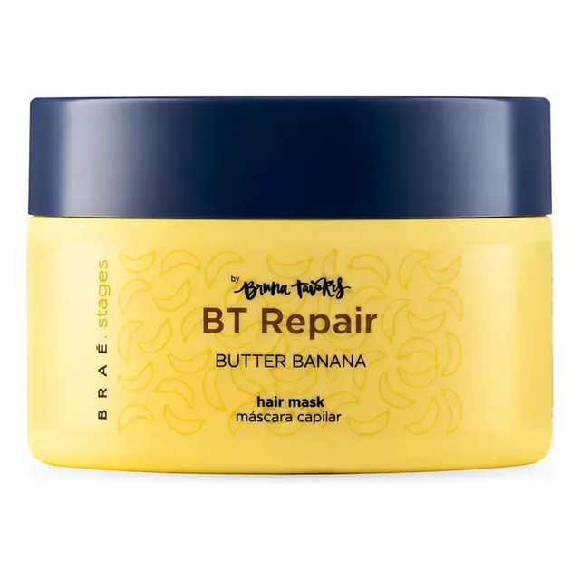 Pote amarelo de máscara capilar Braé Stages Bruna Tavares Butter Banana de 200g com tampa azul marinho em fundo branco