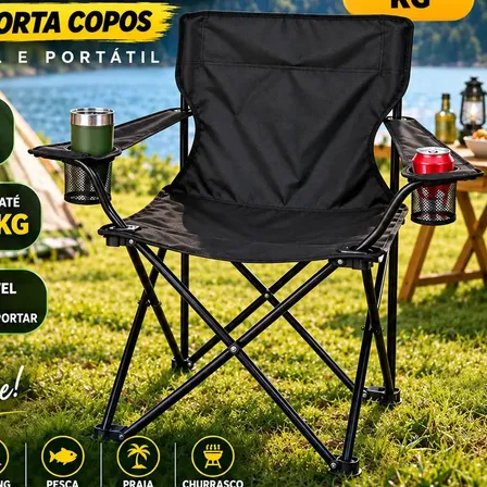 Cadeira Camping Dobrável preta Reforçada 130kg Com Porta Copos