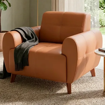 Poltrona Decorativa Couro Ecológico Braços Largos Retrô Pés Caramelo