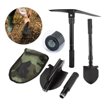 Kit Pá E Picareta De Aço Militar Dobrável Multifuncional Cor Preto
