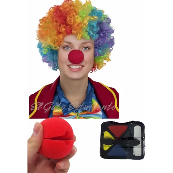 Peluca Multicolor Cosplay Payaso+ Nariz+ Maquillaje Disfraz