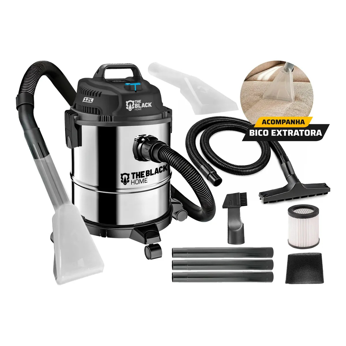 Aspirador De Pó E Água Inox Turbo 12 Litros 1200w Com Soprador E Bico Extratora Multiuso Tbac120 The Black Tools Aspirador De Pó E Água Inox Turbo 12 Litros 1200w Com Soprador E Bico Extratora Multiuso Tbac120 The Black Tools