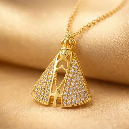 Colar Falpynex Nossa Senhora Aparecida Ouro 18k Pingente Zircônia Dourado