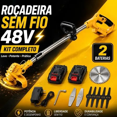 Roçadeira Elétrica Sem Fio 48V Aparador Cortador de Grama Mato e Capim a Bateria