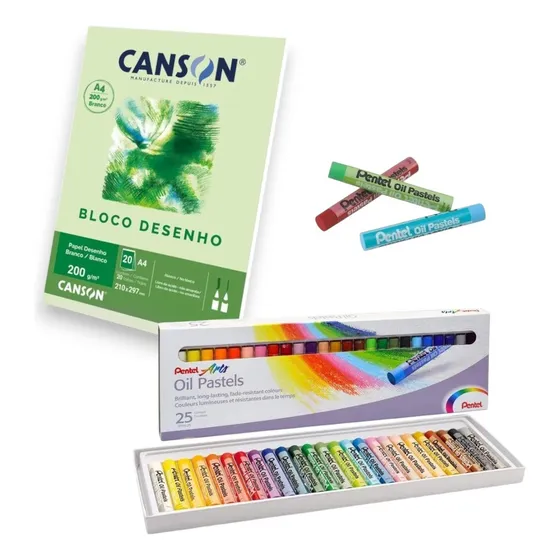 Giz Pastel Oleoso Pentel Com 25 Cores E Papel Canson