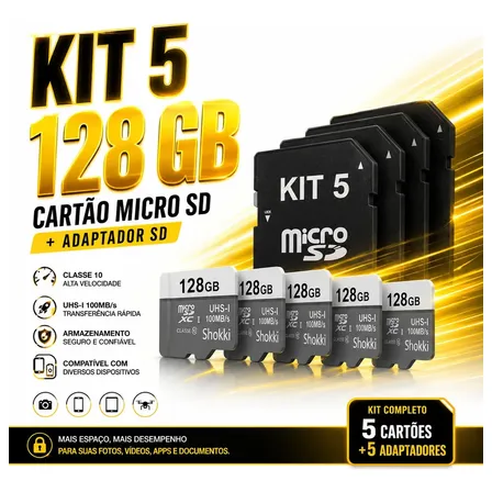 Kit Com 5 Cartões Micro Sd E Adaptadores Sd 128gb Classe 10 Gravação Full Hd Armazenamento Alta Velocidade Fotos Vídeos Filmagem E Aplicativos Alta Velocidade Para Celular Câmera Drone Tablet - Shokki