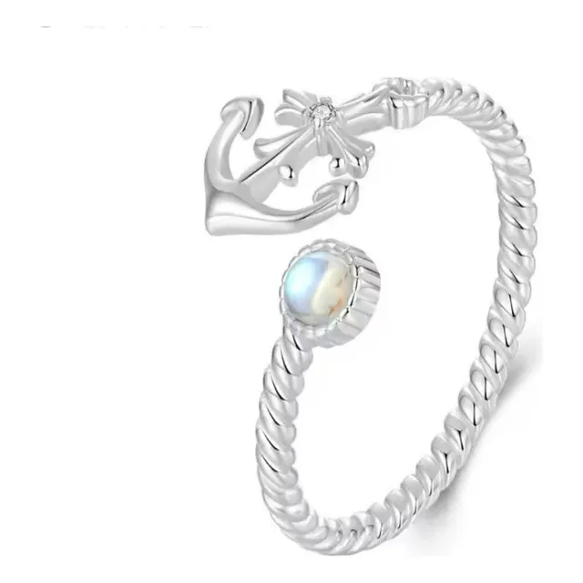 Anillo Plata 925 Ajustable Diseño Ancla Y Opalo Real Bonito
