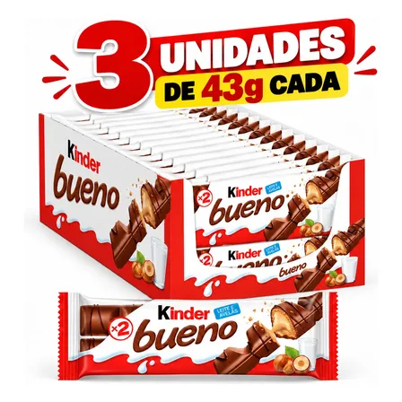 Kinder Bueno Chocolate Ao Leite E Avelã 3 Unidades 43g Cada