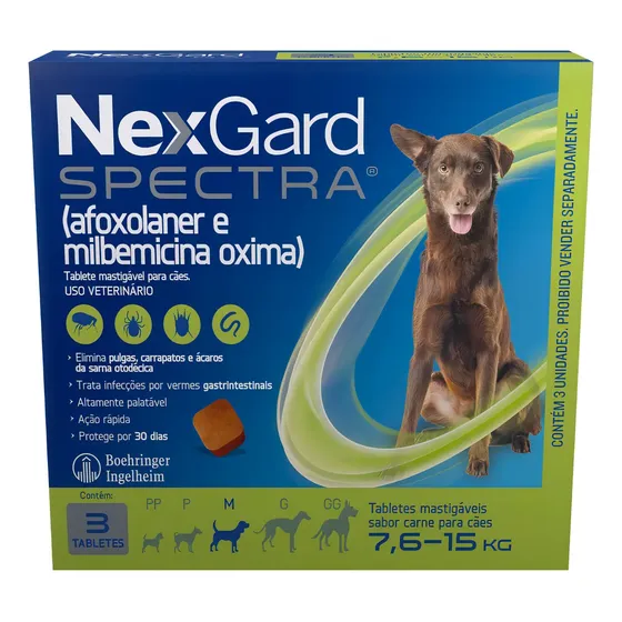NexGard Spectra 3 Tabletes para Cães 7,6 a 15 kg Contra Pulgas, Carrapatos e Vermes Intestinais