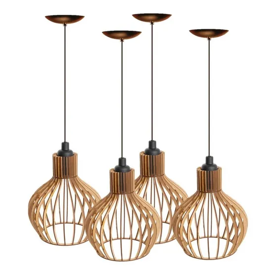 Kit 4 Pêndulos Lustre Teto Madeira Mdf Sala, Balcão, Bancada