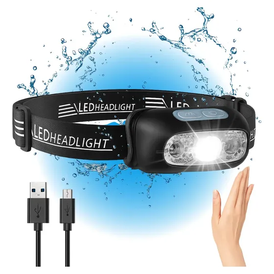 Lanterna de Cabeça YBF LED 200lm Sensor Movimento Recarregável USB à Prova d'Água