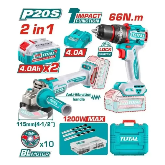 Kit Total Taladro De 66nm Y Amoladora De 1200 W 2 Baterías