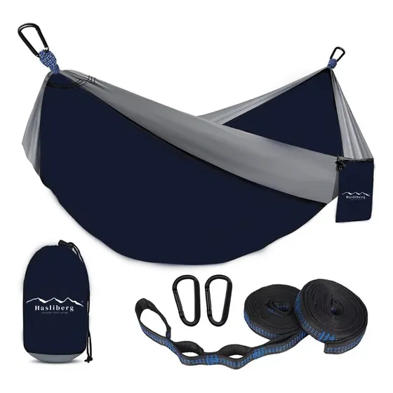 Hamaca Paraguaya Camping Hasliberg Mosqueton Correa Premium Color Azul y gris