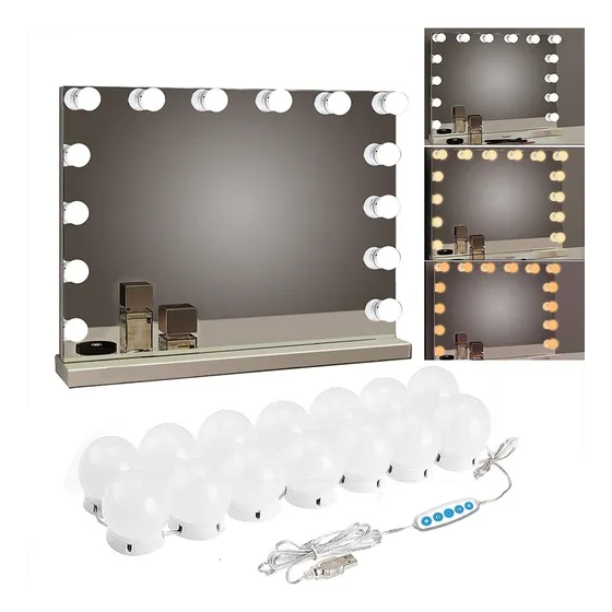 Siccoo - Luces De Tocador De Maquillaje Para Espejo, Estilo Hollywood, Luces De Espejo Con 14 Focos Regulables, Cable Usb, Color Blanco