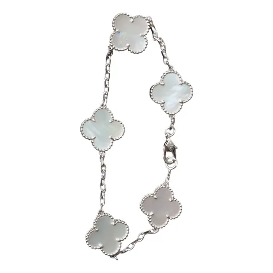Pulsera Trébol En Plata .925 Compatible Van Cleef Vca Y Aug Blanco 19 Cm