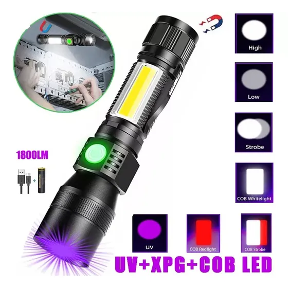 Linterna Táctica Recargable, 3 en 1 Luz Negra Súper Brillante 1600 Lúmenes 7 Modos Zoomable IPX6 Linterna de Campamento Impermeable para Emergencias de Camping