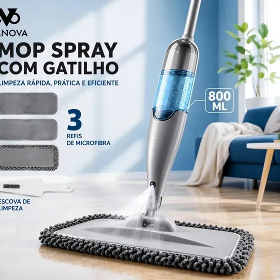 Mop Spray VANOVA Prata 800ml Reservatorio Removivel Cabo de Aluminio 125cm Base 42cm 360 Graus 3 Pan