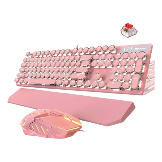 Kit Teclado Mecânico Gamer Magegee Mk-storm Retro Mouse Rgb Mouse Rosa Teclado Rosa