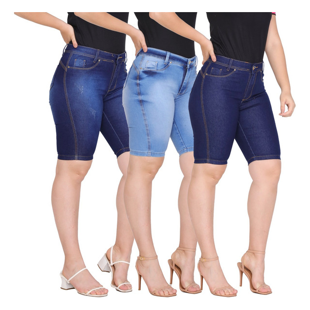Kit 3 Bermudas Jeans Feminino Cintura Alta Lycra
