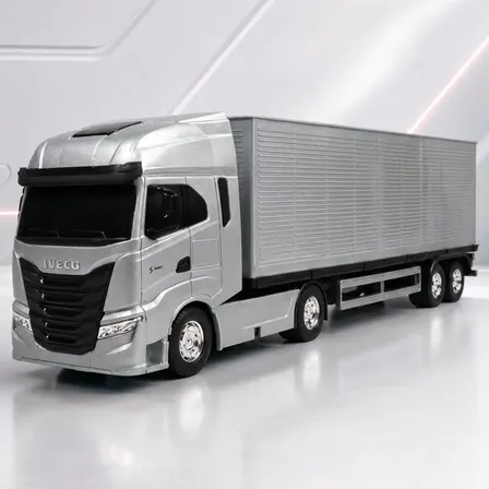 Caminhão De Brinquedo Miniatura Iveco S-way Carreta Baú Prateado