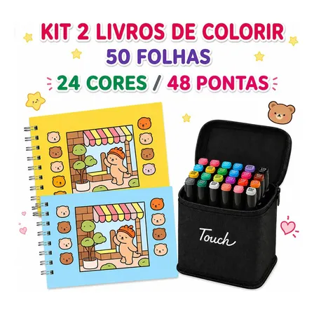 Kit 2 Livros Capa Dura 50 Folhas Colorir Canetinhas 24 Cores