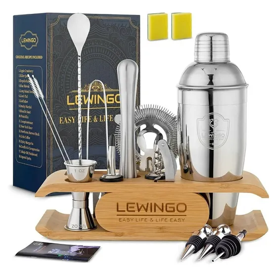 Set De Bartender De Acero Inoxidable Y Soporte De Bambú