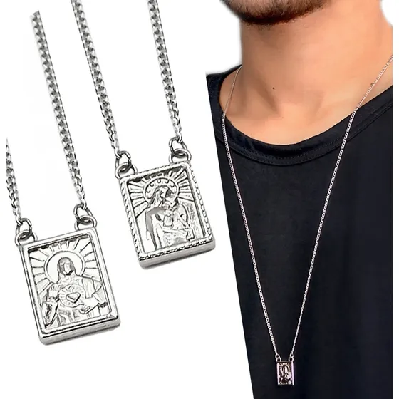 Escapulário Jesus Nossa Senhora Corrente Masculina Aço Prata