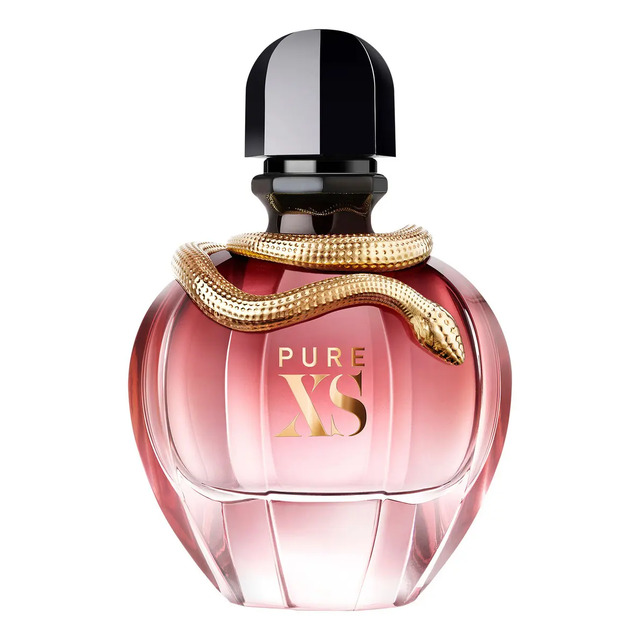 Frasco do perfume Paco Rabanne Pure XS For Her de 80ml com design em vidro degradê rosa e uma serpente dourada enrolada no gargalo