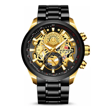 Relógio Masculino Vavavoom Esqueleto Aço Inox 3atm Preto Amarelo