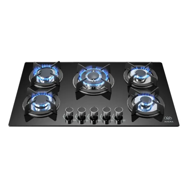 AVERA Parrilla de Gas 5 Quemadores Premium, Vidrio Templado Negro 77cm Empotrable, Encendido Electronico, Perillas Metalicas, Estufa Empotrable, para Gas LP y Natural, VT5