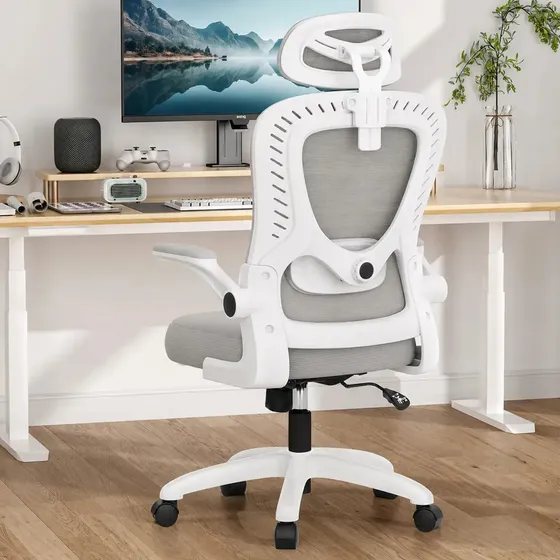 Cadeira de Escritório Ergonômica MONWO Branca com Apoio Lombar e Rodas