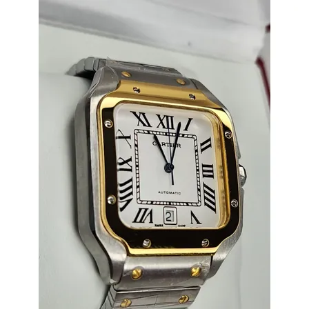 Relógio Masculino Cartier Santos 42m Automático Caix Simples Prata Dourado Branco
