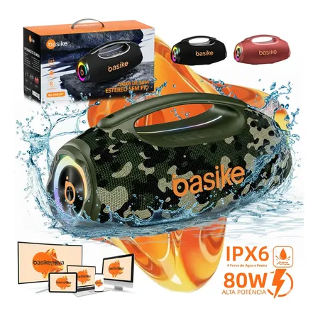 Basike Caixa de Som Boombox 80W 8000Mah 10hrs Portátil Bluetooth 5.3 Sem fio IPX6 À Prova D'água Com Luz RGB Hifi TWS Bass Forte Áudio de Alta Qualid Para TV Festa Casa Subwoofer - Camuflado