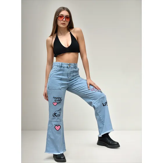 Pantalón Mujer Anyver Jeans Wide Leg Celeste Denim Rígido