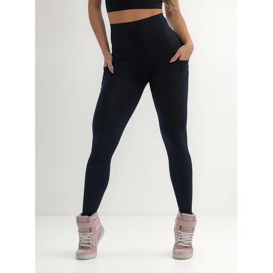 Calça Leg Fitness Poliamida Cós Alto Com Bolsos Laterais