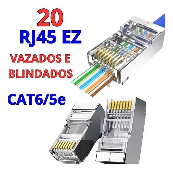 Conector Rj45 Cat6 Cat5e Vazado Blindado Gigabit Rede 20 Un XCOLDS