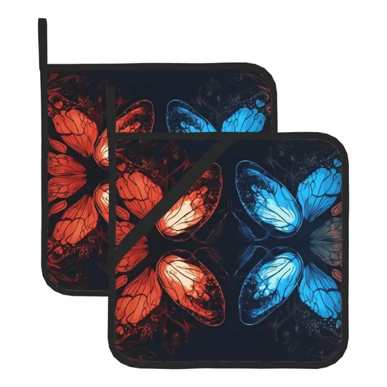 2 Agarradera Cocina Estampado Mariposa Azul Roja Al
