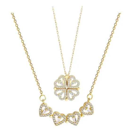 Collar Mujer Galvanizado En Oro Colgante Trebol 4 Corazones Color Dorado