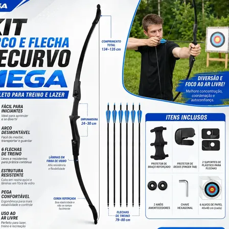 Kit Arco Recurvo 40lbs Profissional Ambidestro Desmontável com 6 Flechas de Fibra de Carbono, Alvos e Acessórios para Iniciantes, Treino, Esporte e Lazer ao Ar Livre Preto