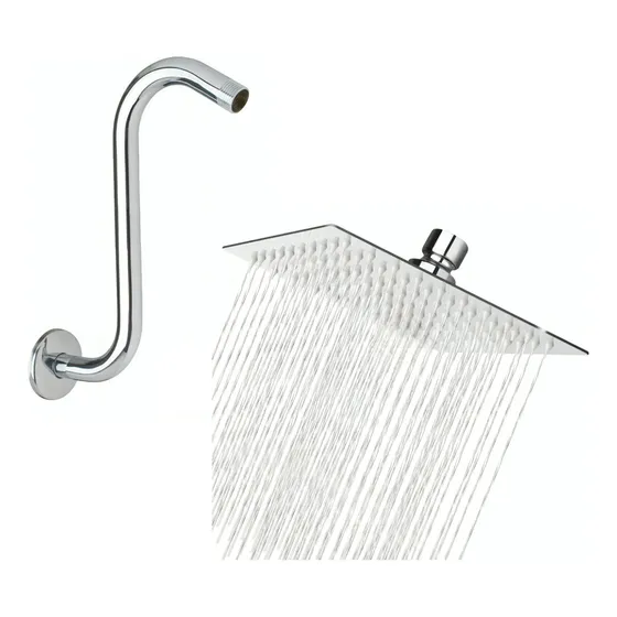 Ducha Cuadrada 10 X 10 Con Acople + Brazo Ducha Curvo Alto Acabado Brillante Color Plateado