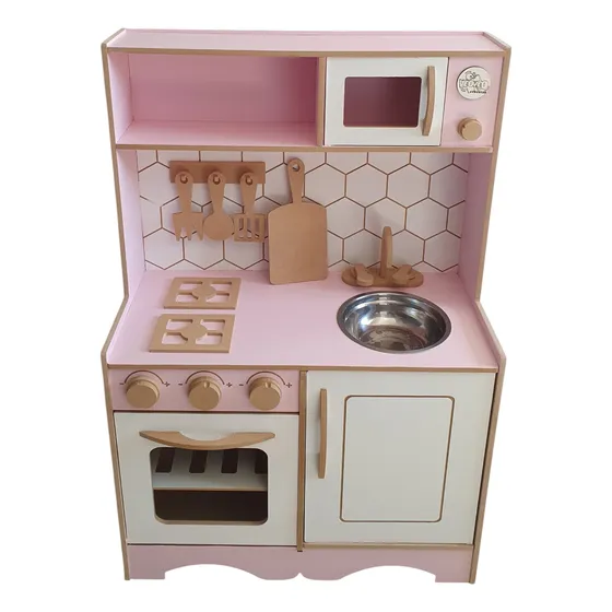 Juego Cocina Madera Montessori Con Accesorios Rosa Claro