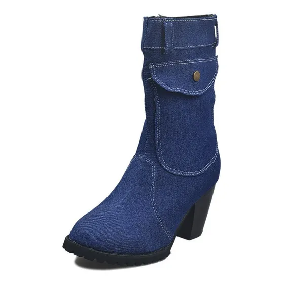 Botas De Cuero Mujer De Mezclilla Vintage Con Tacón Grue [u]