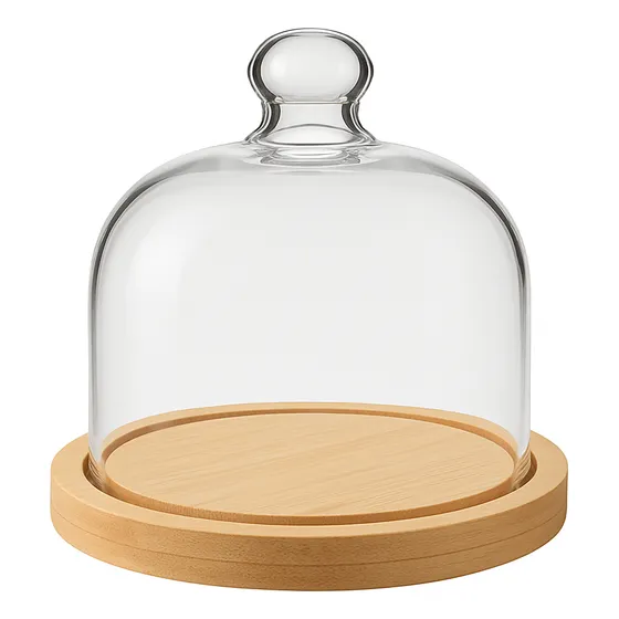 Mantequera Quesera De Vidrio Base De Bambú 16cm Mini Campana Transparente