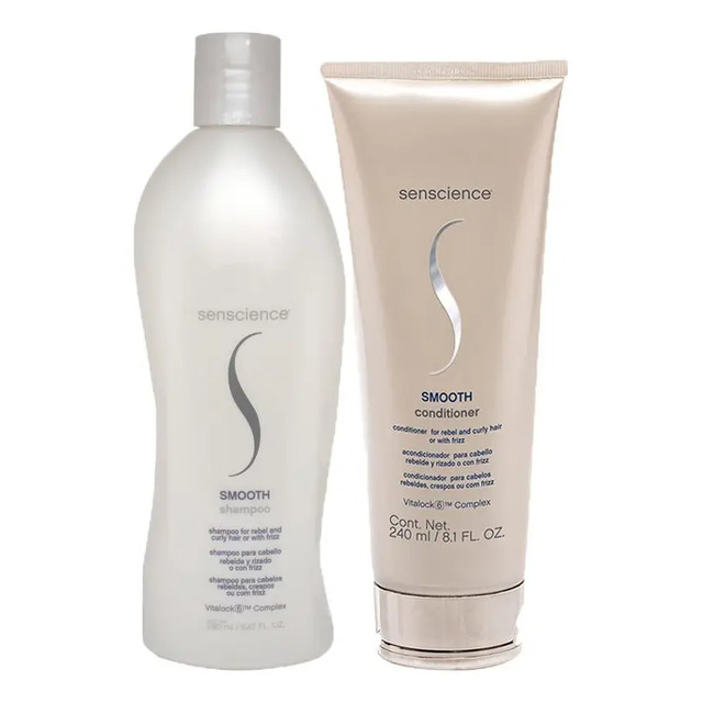 Kit Senscience Smooth contendo um frasco de shampoo de 280ml e um tubo de condicionador de 240ml em embalagens na cor bege claro