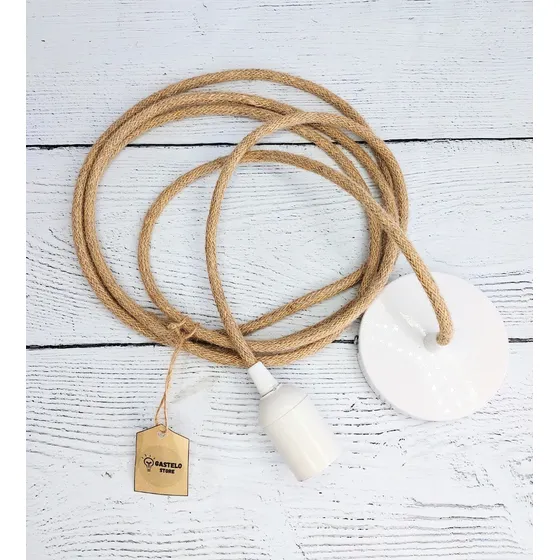Colgante De Techo C/base Florón Y Cable Textil De Yute