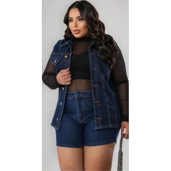 Colete Feminino Jeans Longo Plus Size Max Fechamento Botões